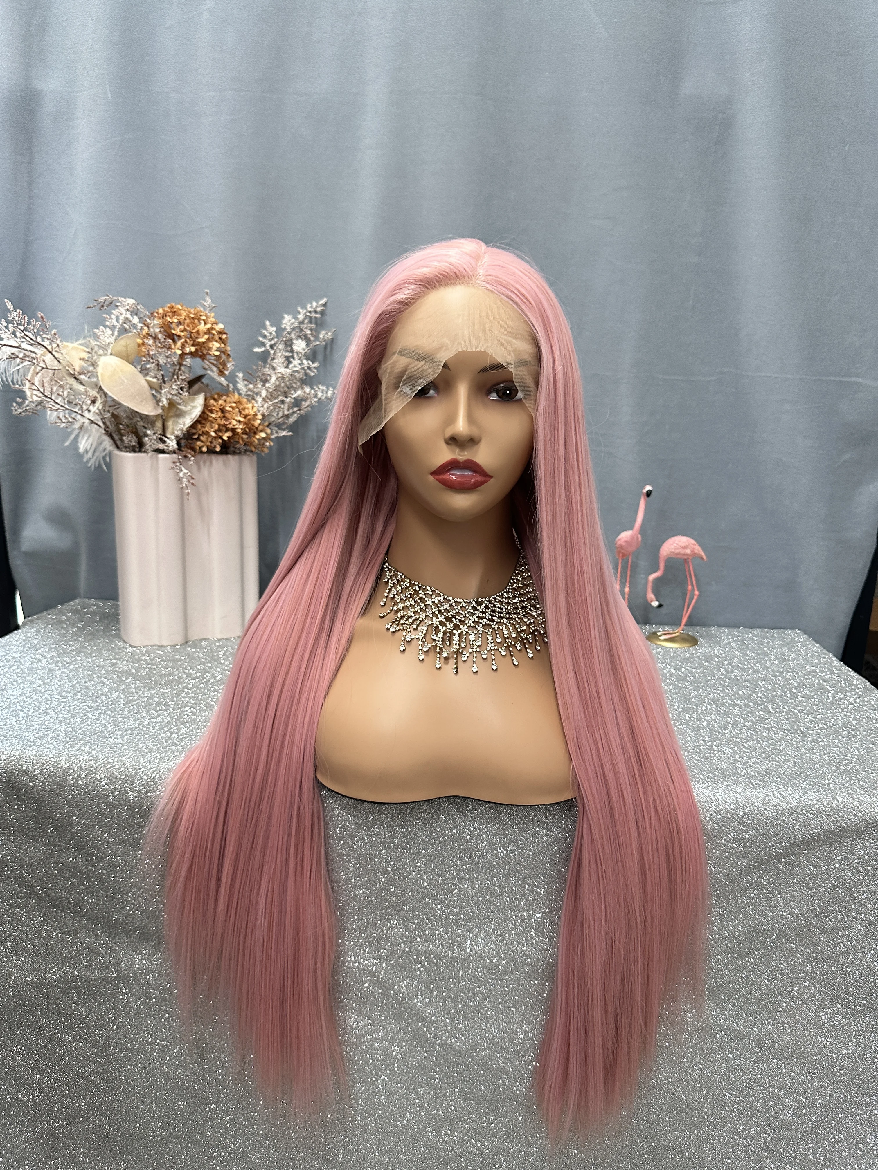 

30Inch Straight Pink Colored Synthetic 13X4 Lace Front Wig Pre Plucked Glueless Drag Queen Cosplay Wigs For Black Women 180%