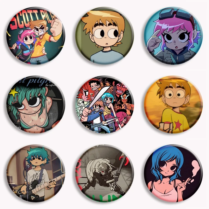 

58mm Anime Scott Pilgrim Button Pin Cartoon Scott And Ramona Brooch Badge for Bag Decor Jewelry Fans Collect Friends Gift