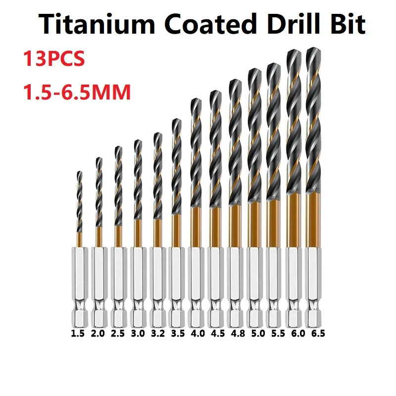 13pcs Drill Bits 1.5-6.5mm 1/4 Hex Handle Titanium Coated HSS Drill Set For Cordless Screwdrivers Tool Aluminium Wood Plastic
13pcs Drill Bits 1.5-6.5mm 1/4 Hex Handle Titanium Coated HSS Drill Set For Cordless Screwdrivers Tool Aluminium Wood Plastic