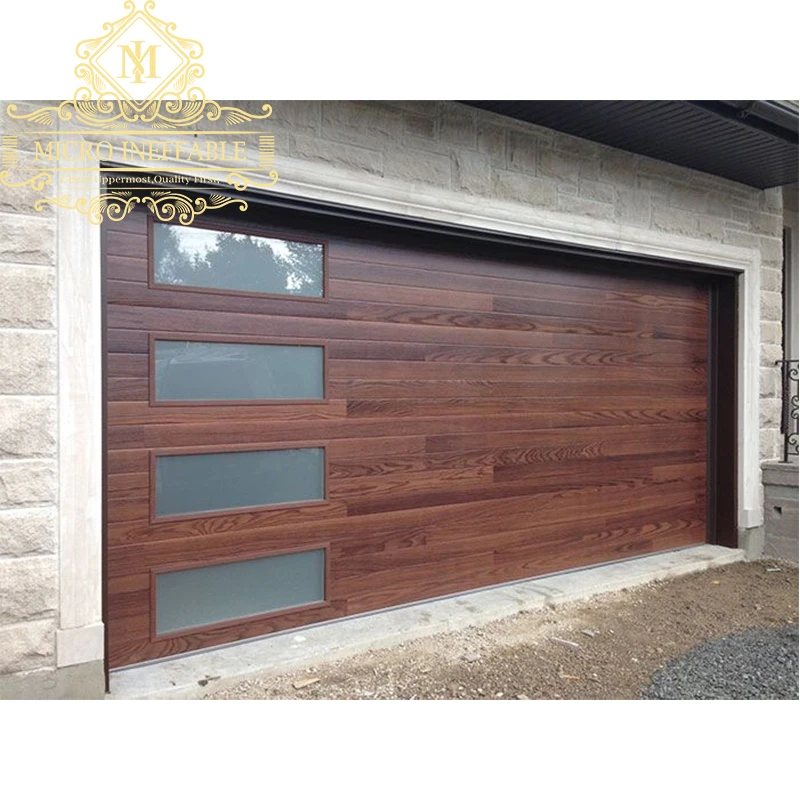 

Garage Door Aluminum Modern Design Galvanized PU Insulation Foam Wooden Veneer Sectional Design With Decorated Side Windows