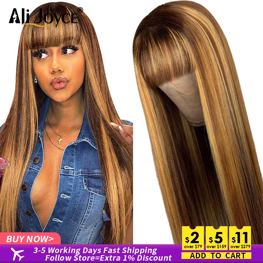 

Honey Blonde Highlight Wig With Bangs Brazilian Straight Glueless Wigs Human Hair Straight Human Hair Wigs For Women Density 180