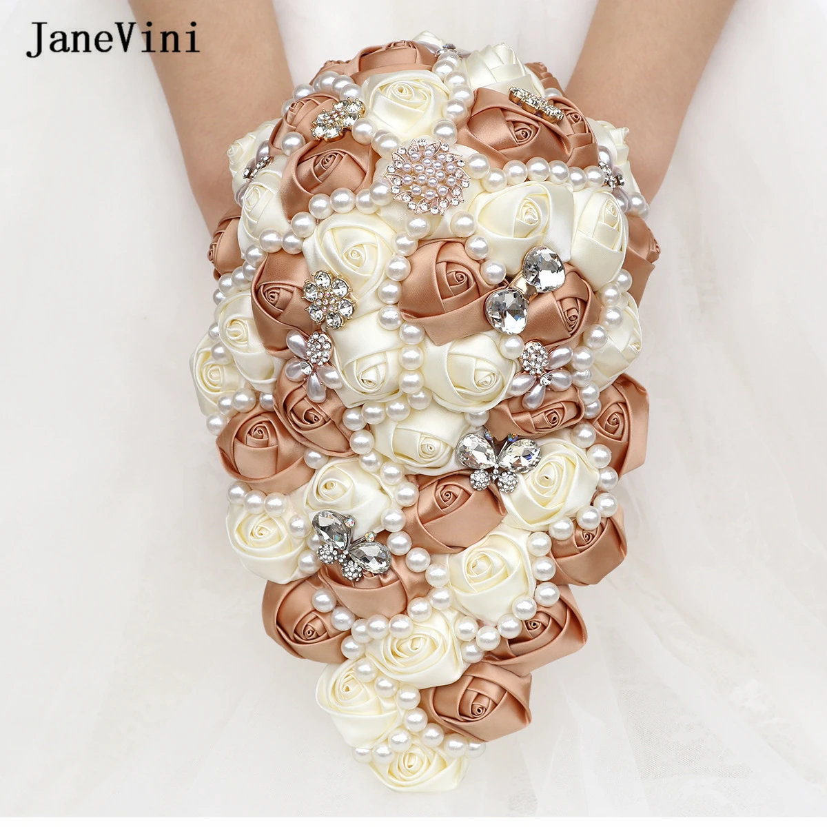 

JaneVini Luxury Pearls Waterfall Bridal Bouquets Khaki Ivory Wedding Flowers Artificial Satin Roses Cascading Bouquet for Bride