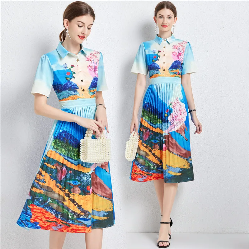 New Occident Vintage Goddess Landscape Printed Pleated Skirt Single Breasted Slim Waist Temperament Short Sleeve T-shirt Dress
New Occident Vintage Goddess Landscape Printed Pleated Skirt Single Breasted Slim Waist Temperament Short Sleeve T-shirt Dress