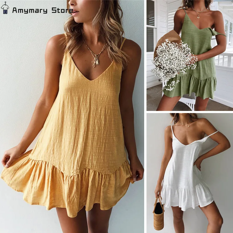 

Summer Sexy Spaghetti Strap V-neck Ruffle Dress Women Cotton Linen Green A-Line Dresses Beach Party Off Shoulder Mini Sundress