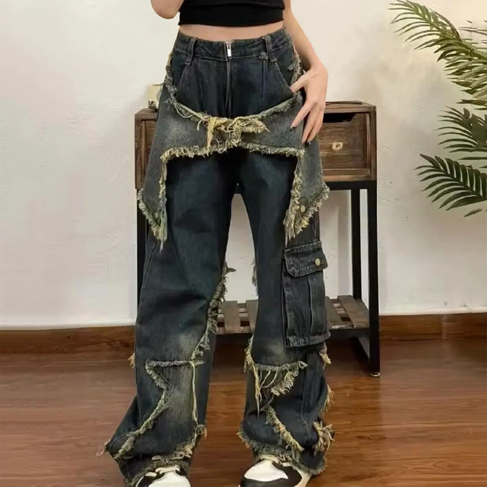 

Cargo Jeans Women Street Loose Oversize Raw Hem Pant 2024 Vintage Korean Fashion Blue Hip Hop Female Denim Trousers Streetwear