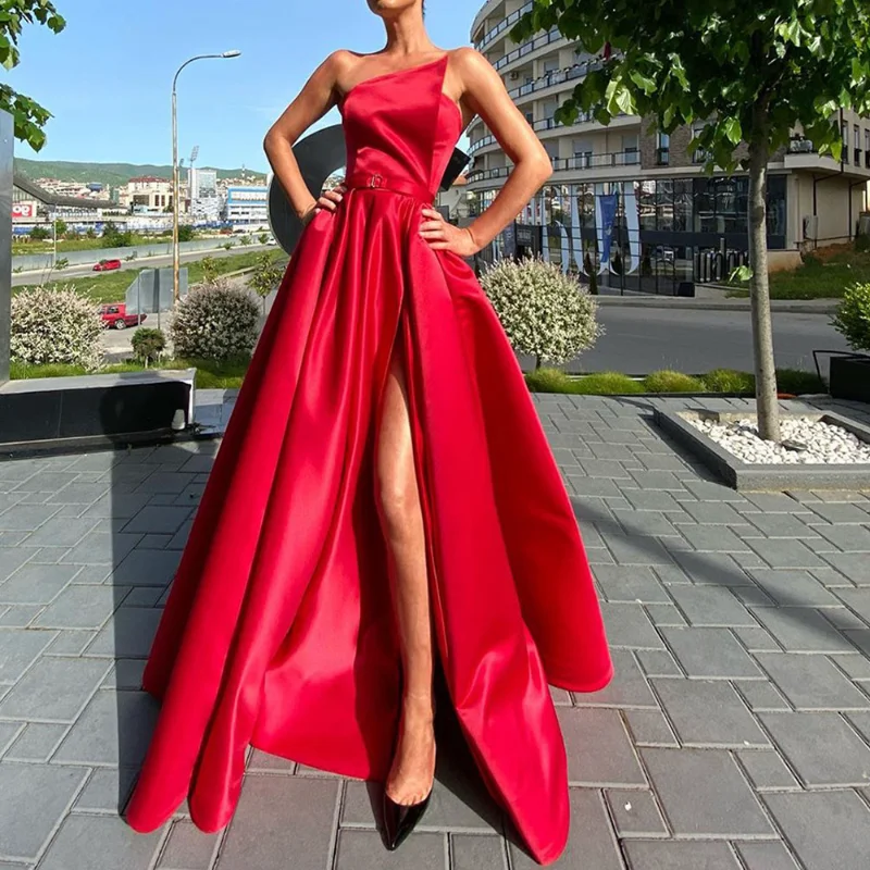 

2023 Summer Evening Dresses Red Beauty Women's One-shoulder Bandeau Dress Long Sexy Split Big Swing Dress Vestidos De Mujer