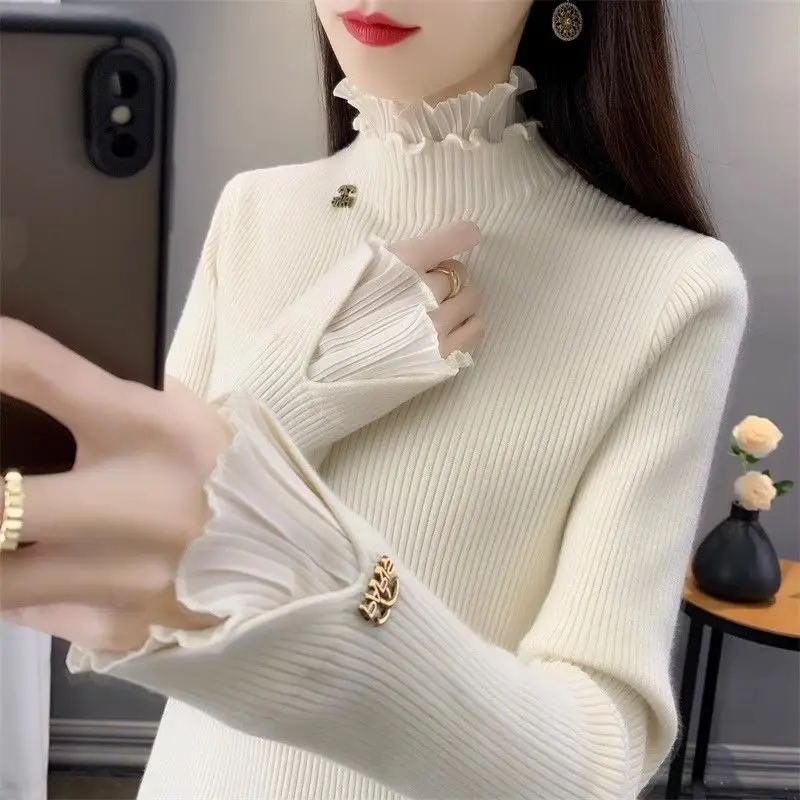 

Elegant Interior Lapping Women's Clothing Undercoat Lace Patchwork Solid Color Autumn Winter Thin Pullovers Long Sleeve T-Shirts