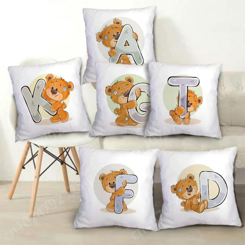 

26 English Alphabet A-Z Print Pillow Case Cute Cartoon Bear Soft Cushion Cover Decorative Pillows for Sofa Children Room Decor