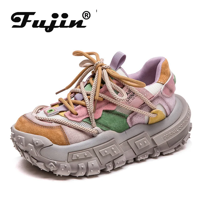 

Fujin 5cm Women Boots Mixed Color Platform Wedge Summer Vulcanize Shoes Air Mesh Pigskin Suede Genuine Leather Chunky Sneaker
