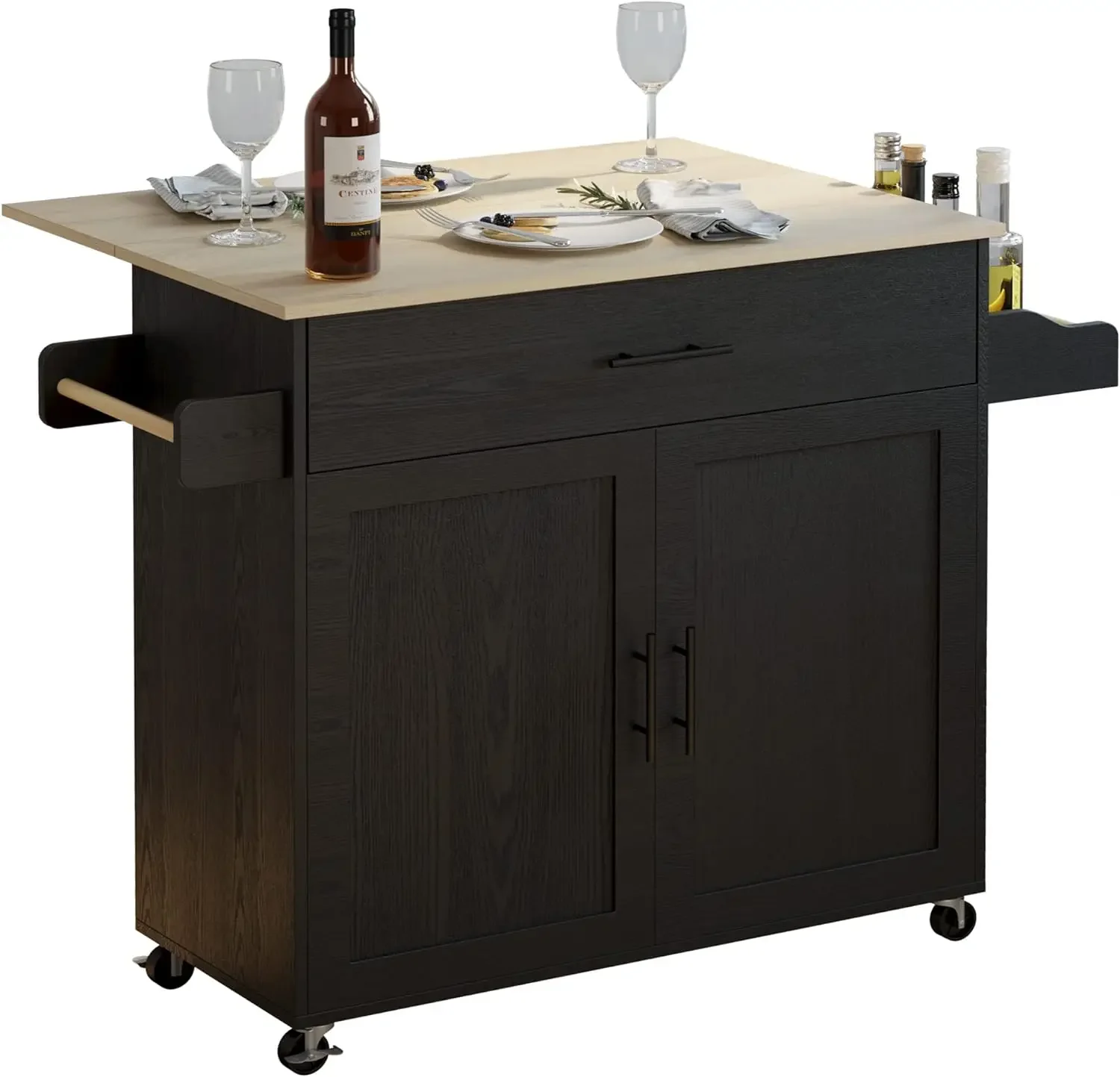 Rolling Kitchen Island Table on Wheels with Drop Leaf, Storage Cabinet, Drawer, Spice/Towel Rack, Kitchen Cart, Black
Rolling Kitchen Island Table on Wheels with Drop Leaf, Storage Cabinet, Drawer, Spice/Towel Rack, Kitchen Cart, Black