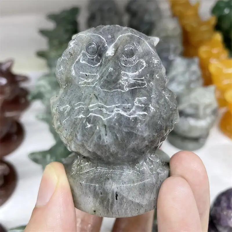 

1PC Natural Labradorite Carved Owl Animal Ornaments Crystal Quartz Stone Crafts Handmade Figurine Home Decoration