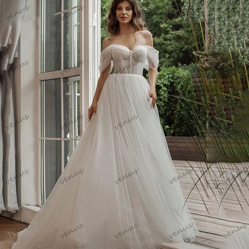 

Graceful Wedding Dresses A-Line Tulle Tiered Bridal Gowns Off The Shoulder Sweetheart Backless Robes Glamorous Vestidos De Novia