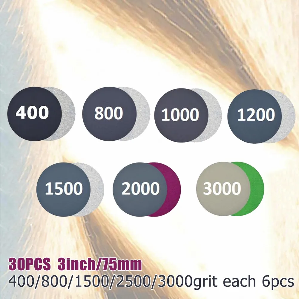 30pcs Set Of 3In Hook&Loop Wet/Dry Round Sanding Discs Abrasive Pads 400/800/1500/2500/3000grit For Grinding And Polishing
30pcs Set Of 3In Hook&Loop Wet/Dry Round Sanding Discs Abrasive Pads 400/800/1500/2500/3000grit For Grinding And Polishing
