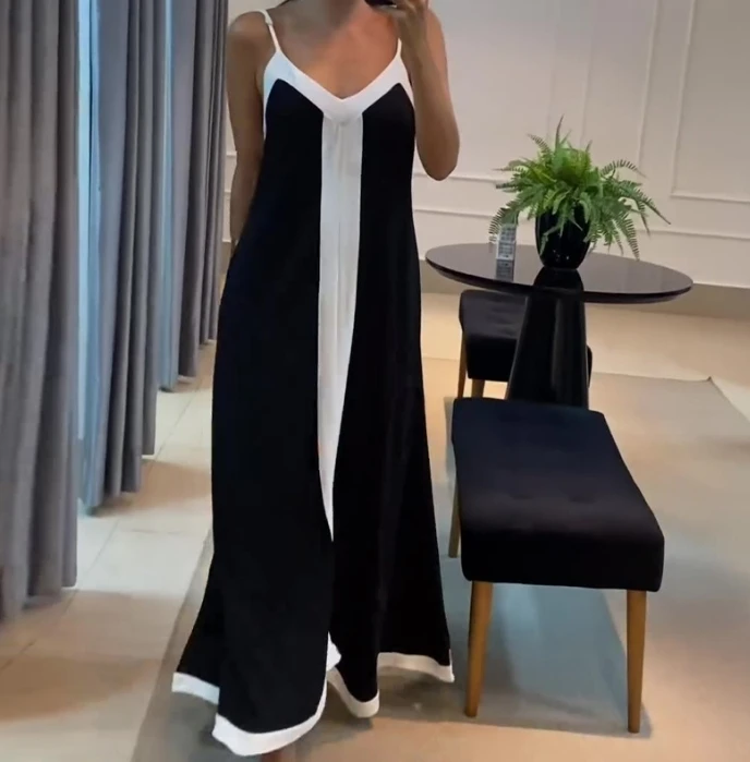 

Casual Simple 2024 Women's Long Dress Sling Style Fashionable Contrasting V-Neck Long Suspender A-Line Skirt for Women