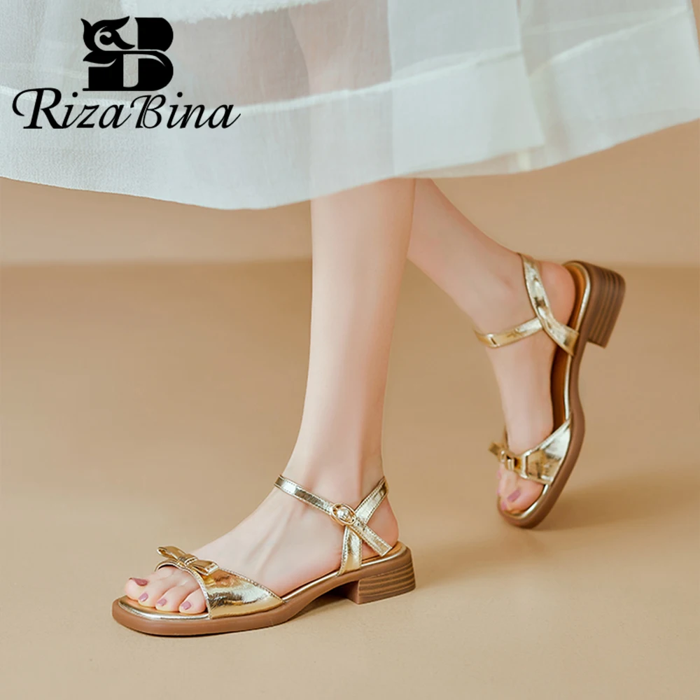 

RIZABINA Women Sandals Fashion Square Toe Real Leather Low Heel Slingback Flat Summer Shoes Ladies Back Strap Causal Shoes 2024