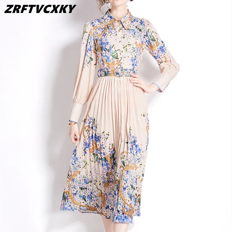 Spring Autumn Runway Flower Print Pleated Dress Women's Elegant Lantern Sleeve Turn Down Neck Belt Long Party Vestidos
Spring Autumn Runway Flower Print Pleated Dress Women's Elegant Lantern Sleeve Turn Down Neck Belt Long Party Vestidos