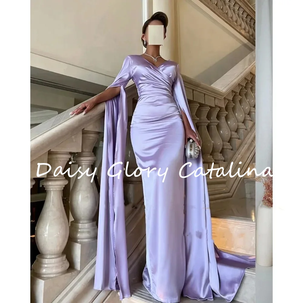 

Фиолетовые атласные вечерние платья с разрезом, V-образным вырезом и длинным рукавом, арабское дубайское официальное платье для выпускного вечера, женское платье с юбкой-годе, 2024