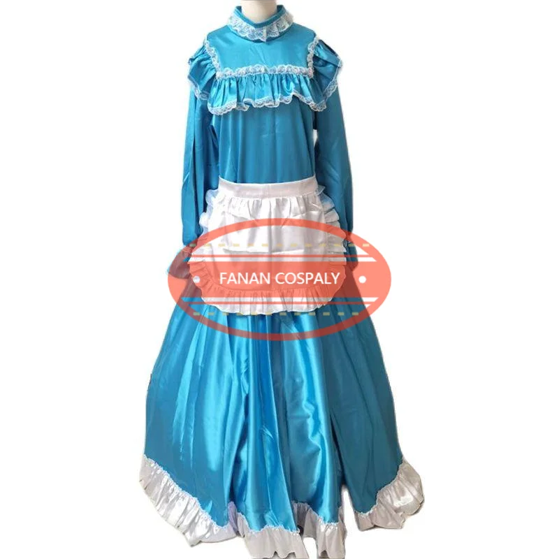 

Adult Giant Baby Sexy Girl Blue Thin Satin Sissy Long Sleeve Dress Maid White Apron Role Play Customized Multi Color Lockable