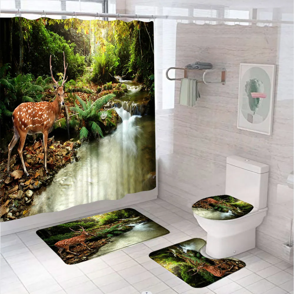 

Animal Shower Curtain Set for Bathroom Deer Stream Grass Forest Waterproof Bathtub Screen Non Slip Rug Bath Mat Toilet Lid Cover
