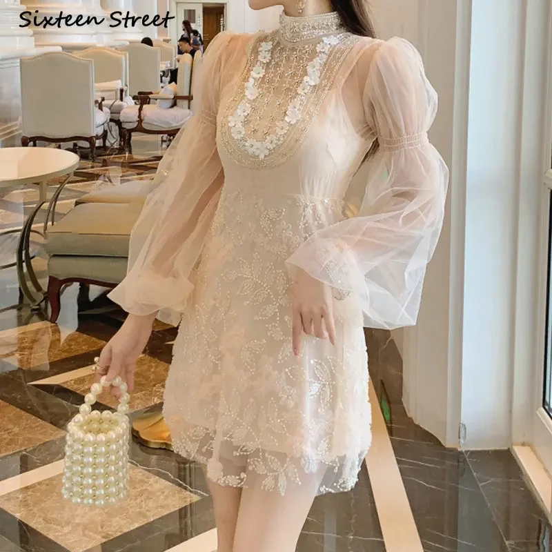 

Apricot Mesh Dress Women Lantern Sleeve Beading Elegant Party Vestido Ladies High Waisted Luxury Womens Clothing