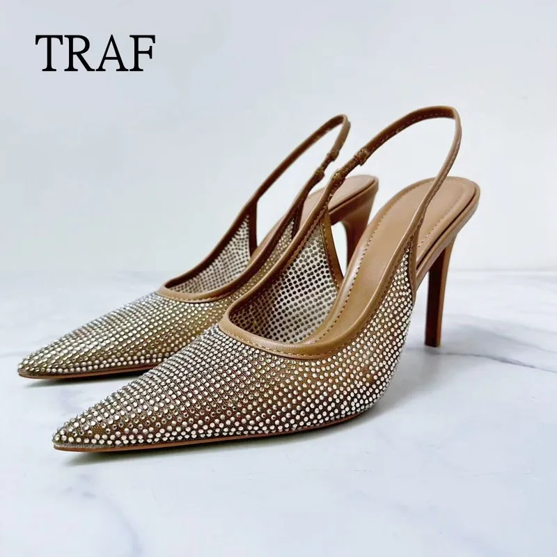 

TRAF 2024 Summer High Heeled Sandals Women Elegant Mesh Rhinestone Slingback Woman Pumps Office Lady Party Women High Heels New