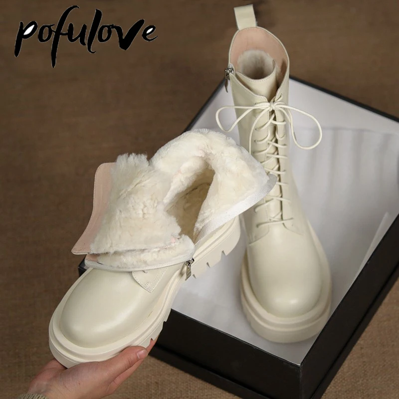 Pofulove Real Fur Boots for Women Winter Shoes Genuine Leather Black White Ankle Booties Wool Warm Flat Platform Chunky Botas
Pofulove Real Fur Boots for Women Winter Shoes Genuine Leather Black White Ankle Booties Wool Warm Flat Platform Chunky Botas