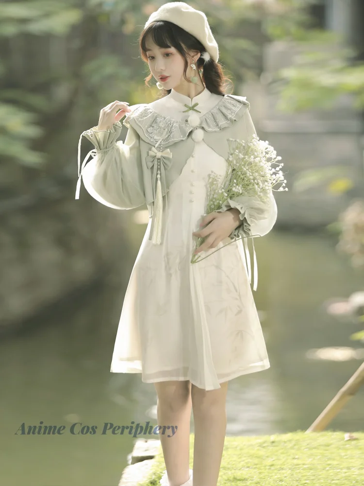 Woman Lolita Dress Set Chinese Improved Qipao for Yinsen Girls+Green Coat Short Sleeve Straps Bow Knee Length Dress Yarn Cheongs 
Woman Lolita Dress Set Chinese Improved Qipao for Yinsen Girls+Green Coat Short Sleeve Straps Bow Knee Length Dress Yarn Cheongs