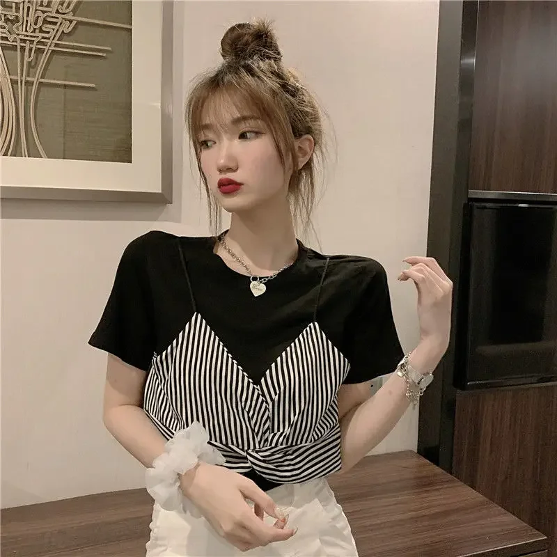 

Женская футболка в полоску, топ с коротким рукавом, черный пуловер, одежда из полиэстера, распродажа, 2024 Y2k одежда Yk2, Корейская распродажа