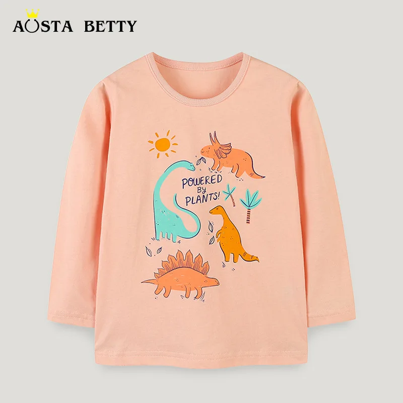 

Осенняя футболка для девочек в европейском и американском стиле с длинным рукавом, топ с милым принтом динозавра, Детская Модная хлопковая Базовая рубашка с круглым вырезом