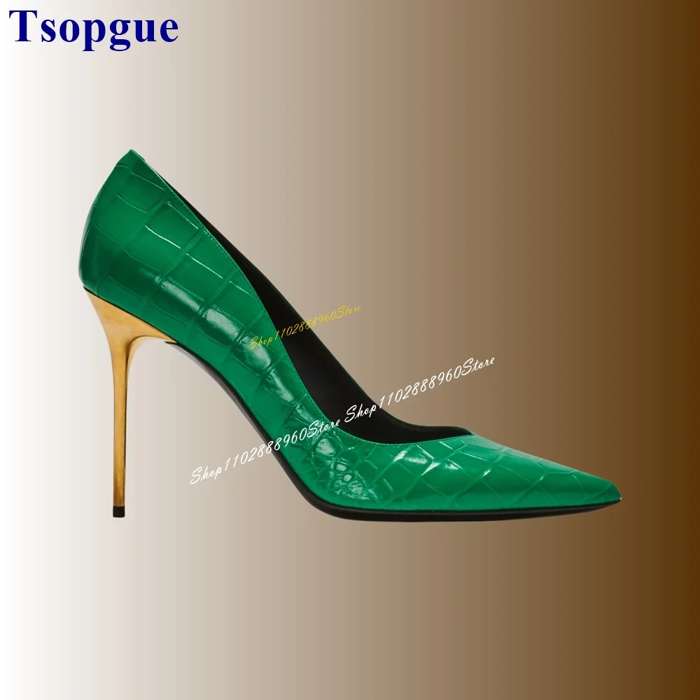 

Luxury Green Crocodile Skin Gold Heel Pumps Thin High Heel Women Shoes Slip On Pointed Toe 2024 Fashionable Zapatos Para Mujere