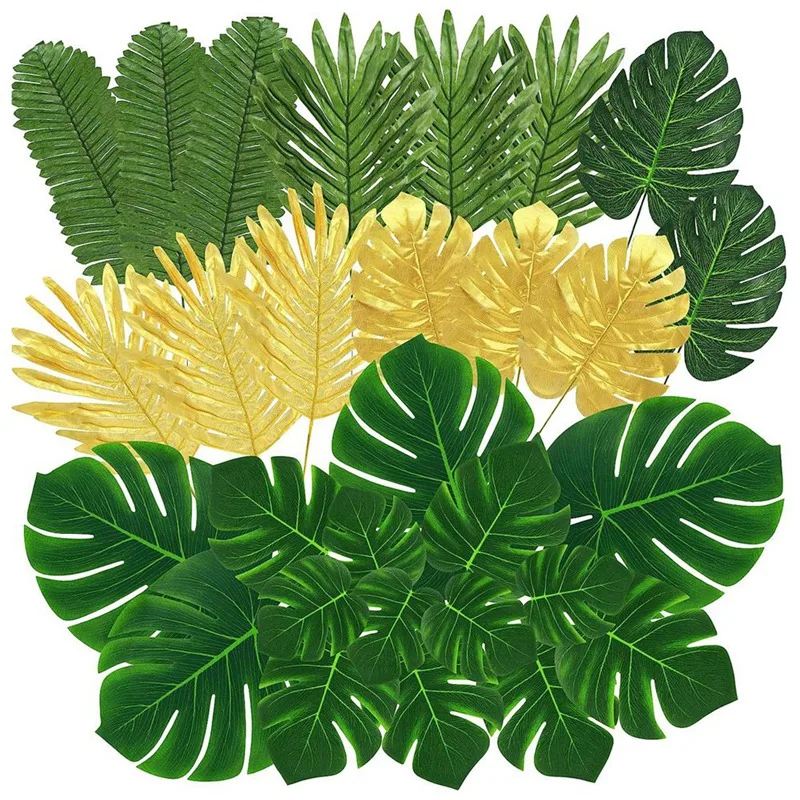 

100 шт. искусственные Пальмовые Листья, тропические листья, листья золота и зеленые искусственные листья для украшения стола в гавайском стиле