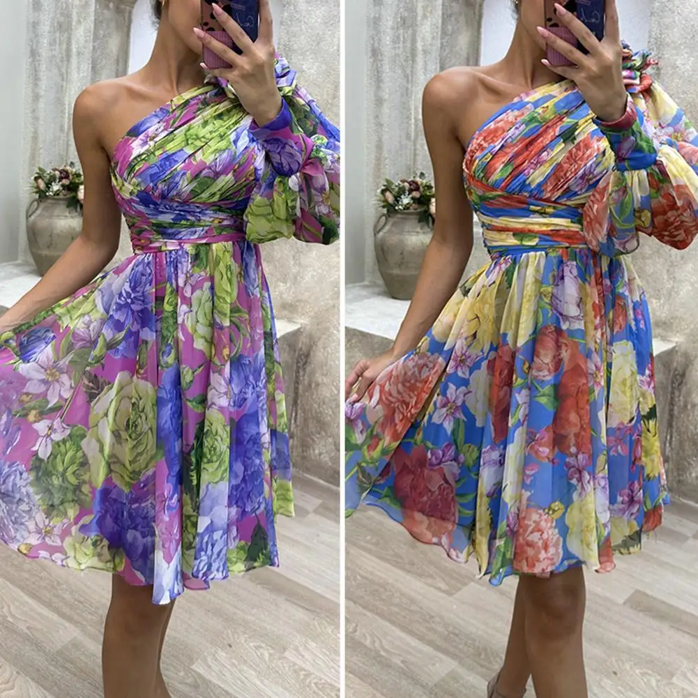 

Женское вечернее платье на одно плечо с открытой спиной, разноцветное платье с одним длинным рукавом и цветочным принтом, плиссированное платье до колена с косым вырезом и бабочкой