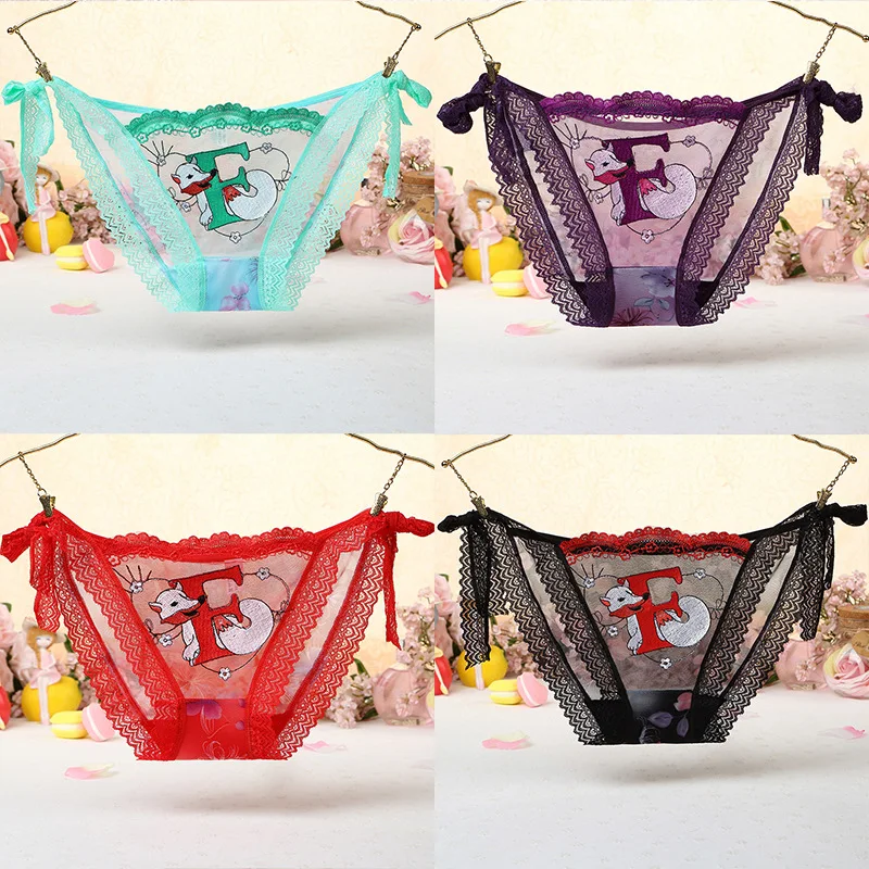 

4 Sexy Underwear for Girls with Lace Low Waisted Lace Up, Spicy Transparent Alluring Mesh Briefs