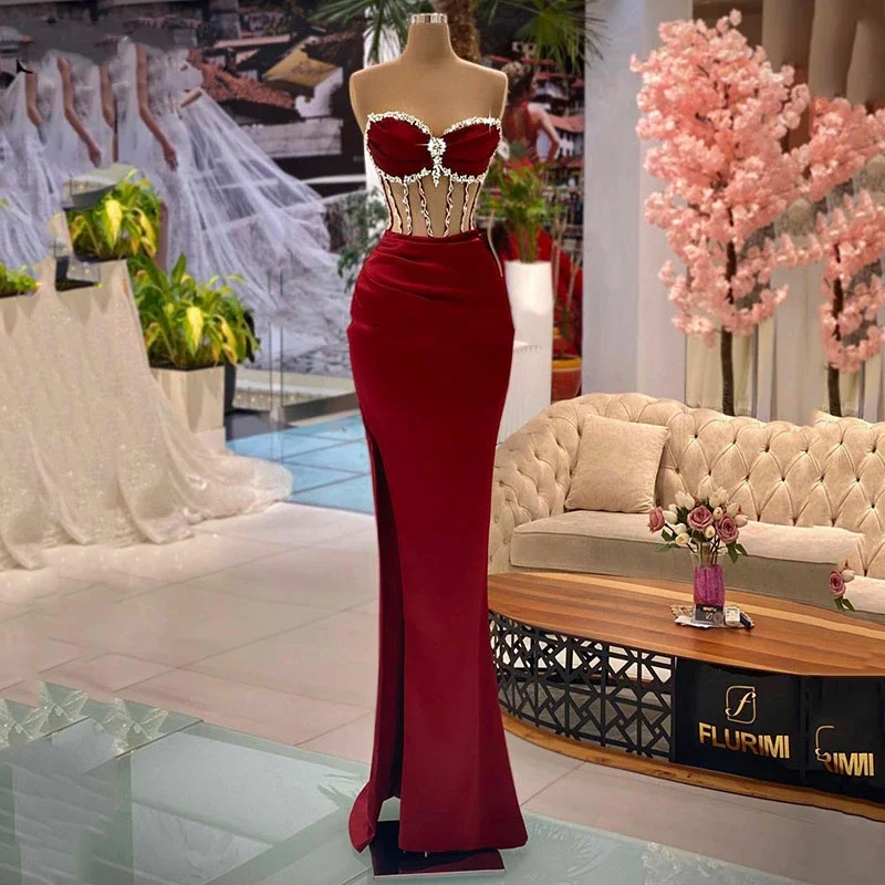 

Burgundy Deep Red Mermaid Water Diamond Satin Evening Dresses Sweetheart High Waist Side Split Arab Dubai Celebrity Party Gowns
