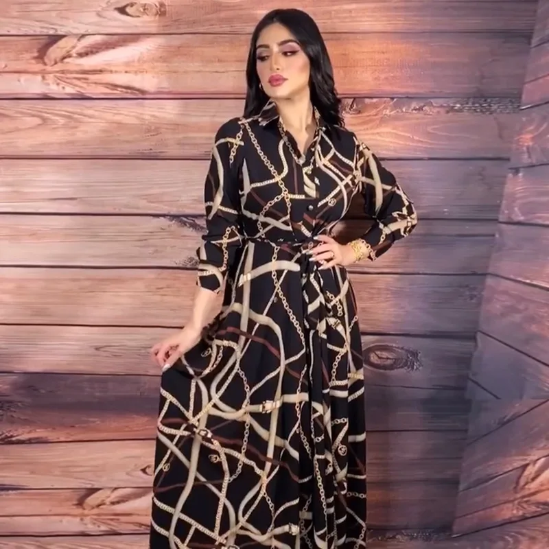 

Muslim Women's Clothing V-neck Printed Casual Dress with Belt Middle East Dubai Abaya Vintage Robe Caftan Marocain Femme