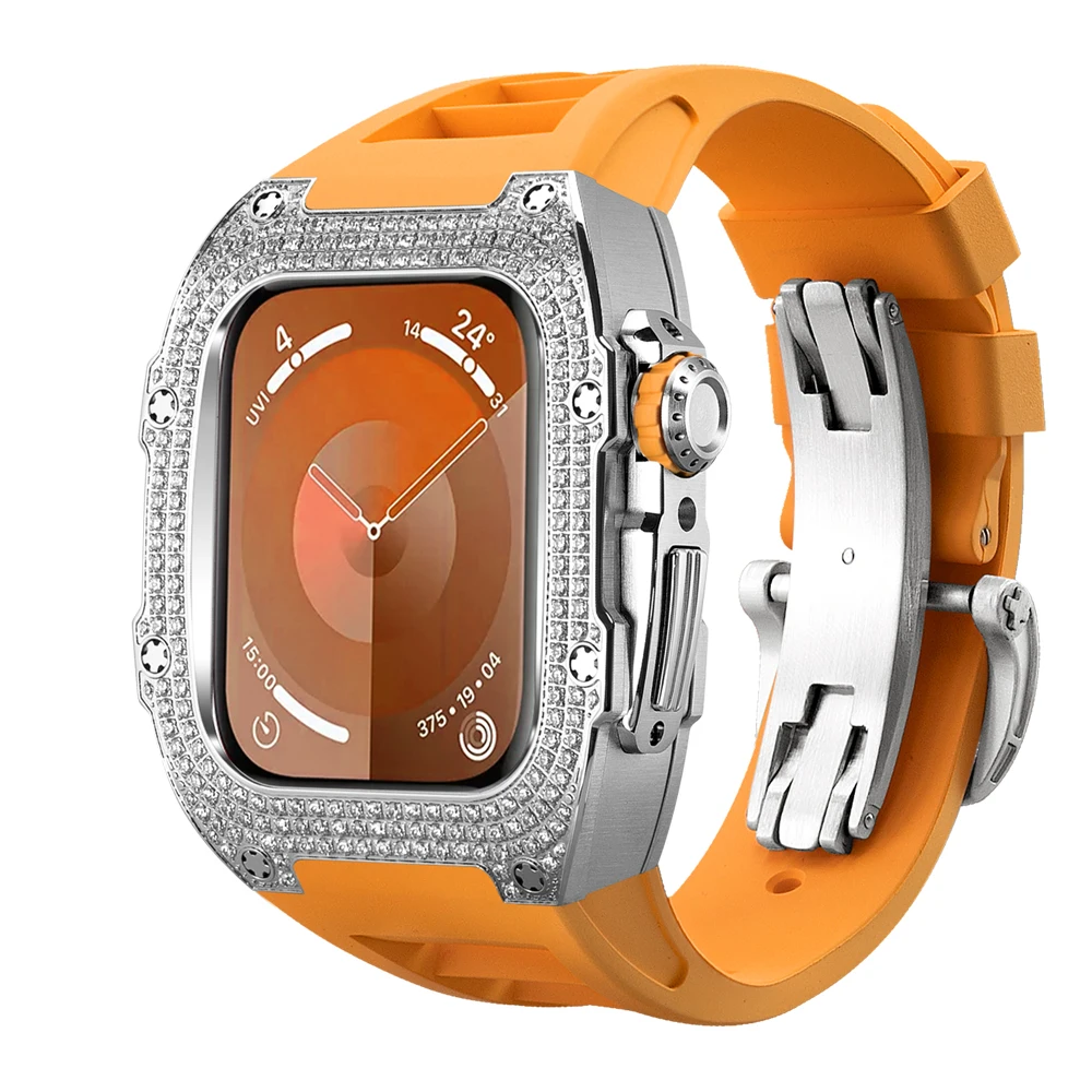 

For Apple Watch Mod Kit 44/45mm Luxury Diamond Stainless Steel Inlaid Accessories Orange Trend Apply toseries 9/8/7/6/5/4/Se