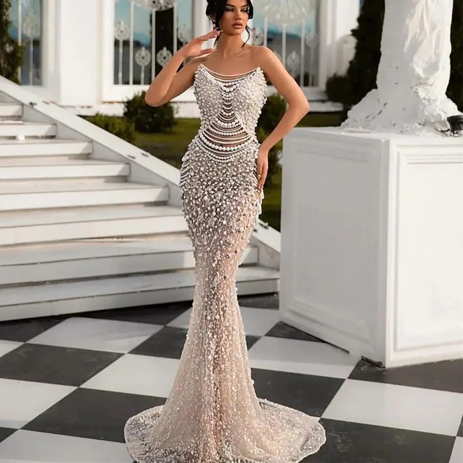 Вечернее платье-Русалка без бретелек, элегантное Прозрачное платье с жемчугом и бусинами, бальное платье для торжественной вечеринки на заказ