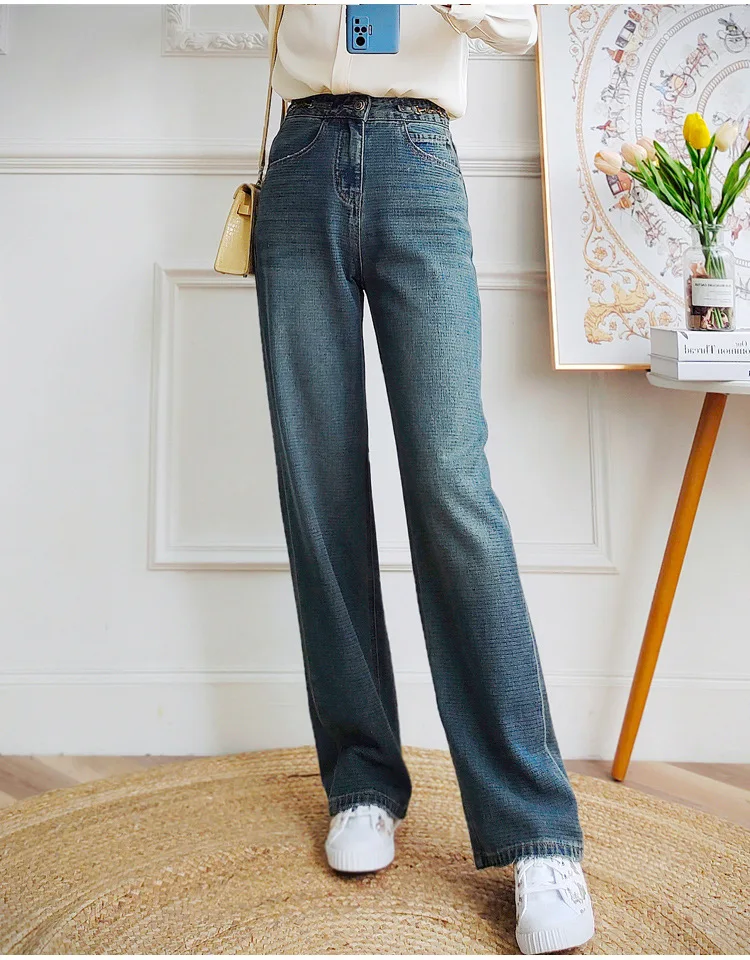Jeans For Women High Waisted Denim Wide Leg Pants Loose Carriage Double Buckle Vintage Blue Spring Autumn 2023
Jeans For Women High Waisted Denim Wide Leg Pants Loose Carriage Double Buckle Vintage Blue Spring Autumn 2023
