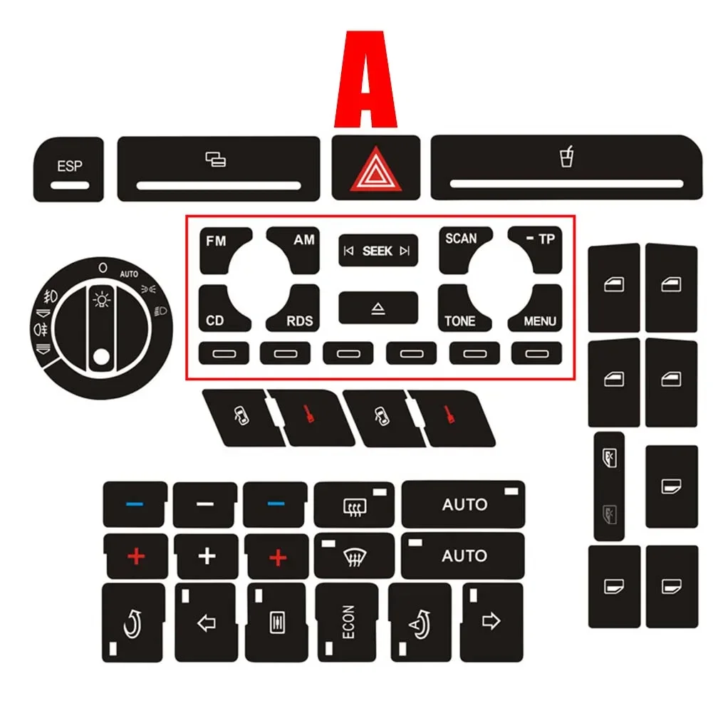 For A4 B6 B7 Radio Clima ESP Headlight Adjustment Button Repair Decal Stickers A/ B Type High Grade Vinyl Car Accessories
For A4 B6 B7 Radio Clima ESP Headlight Adjustment Button Repair Decal Stickers A/ B Type High Grade Vinyl Car Accessories