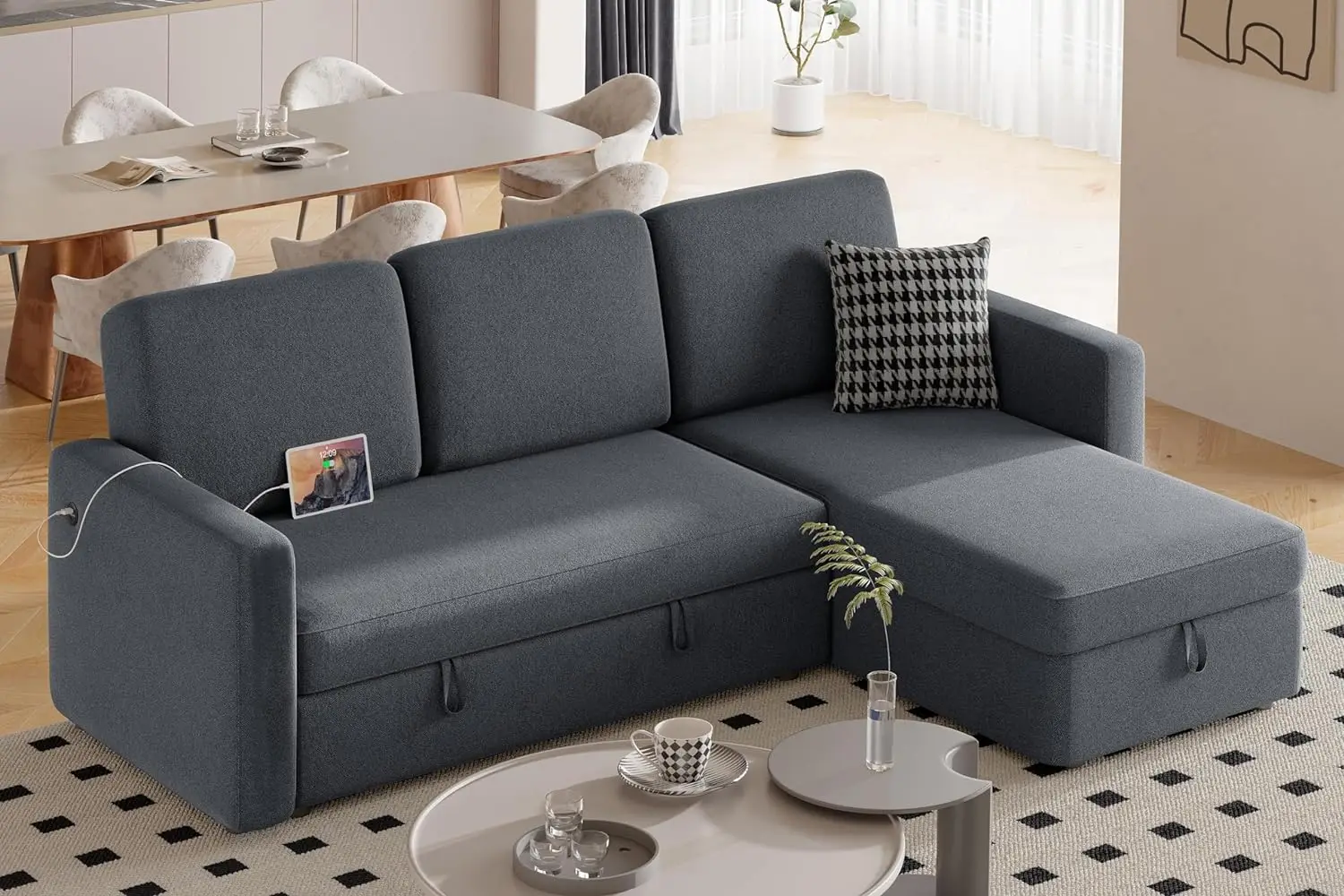 

Секционный диван L-образной формы, диван-кровать с кушеткой и USB, двухсторонний диван-трансформер с выдвижной кроватью, 4-местный диван-трансформер из ткани
