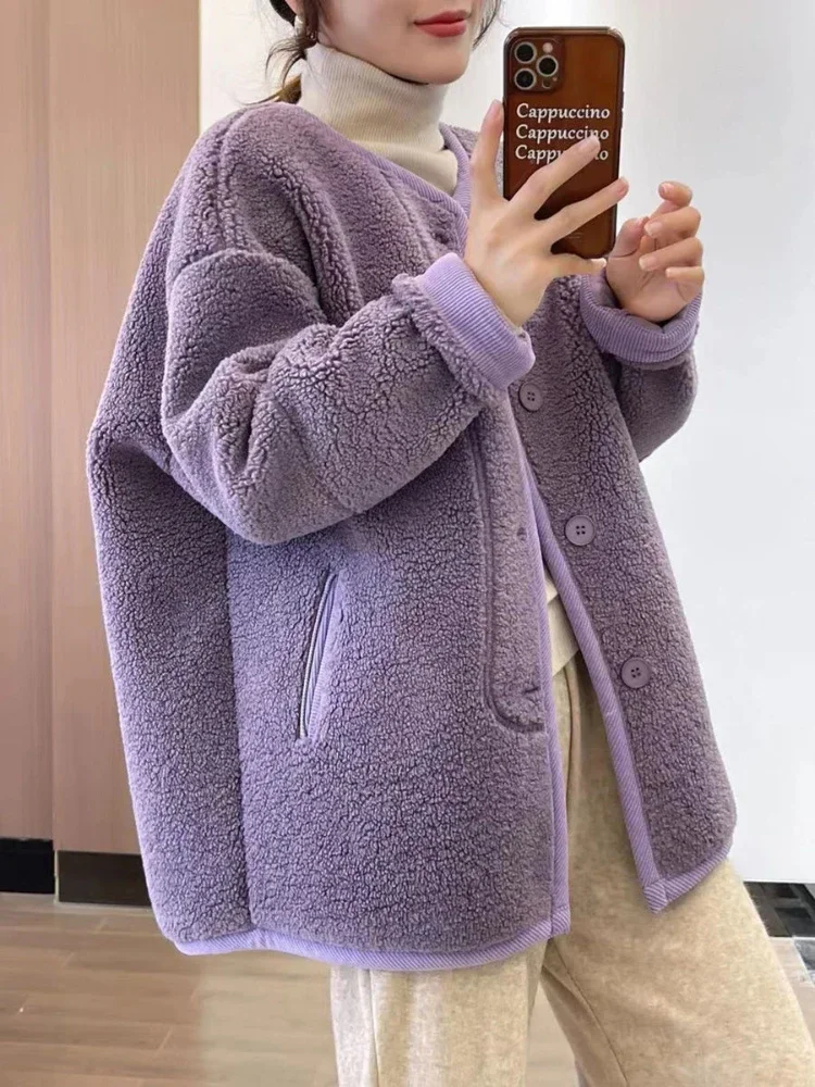 Woman Clothing Autumn Winter New V Neck Plush Jacket Korean Fashion Lamb Wool Women's Coat Taro Purple Solid Warm Jackets
Woman Clothing Autumn Winter New V Neck Plush Jacket Korean Fashion Lamb Wool Women's Coat Taro Purple Solid Warm Jackets