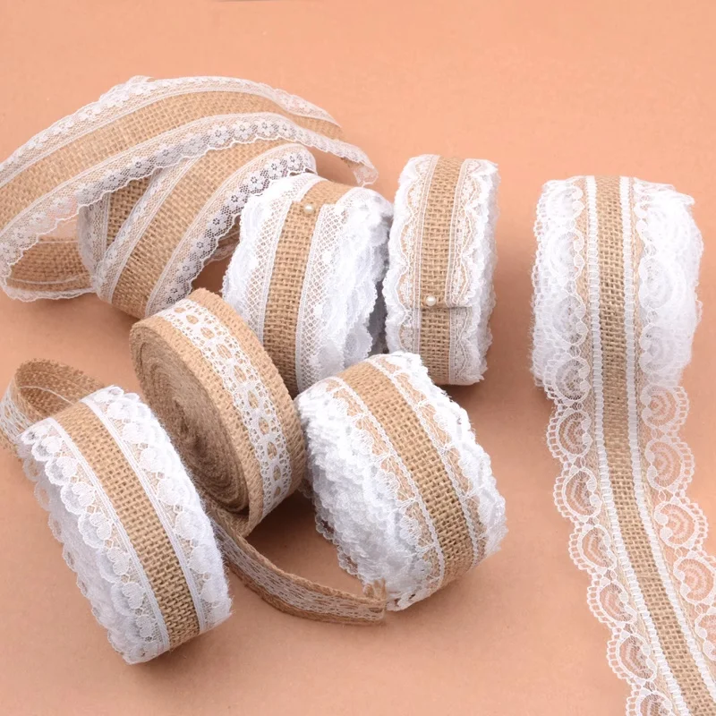 2/5Meter Burlap Ribbon with White Lace Trim Tape Natural jute Burlap Lace Rustic Vintage Hemp Ribbon For DIY Craft Wedding Decor 2/5Meter Burlap Ribbon with White Lace Trim Tape Natural jute Burlap Lace Rustic Vintage Hemp Ribbon For DIY Craft Wedding Decor