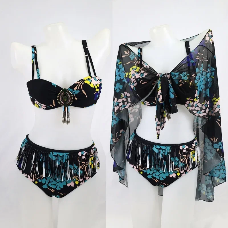 

Europe And The United States New Tropical Printed High-waisted Fringe Three-piece Two-piece Swimsuit Swimming Suits