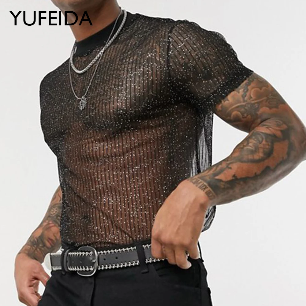 YUFEIDA Sexy Men's Sequin Fishnet T-shirt Top Round Neck Short Sleeve Transparent Mesh T Shirt Summer Male Clubwear Party Tshirt
YUFEIDA Sexy Men's Sequin Fishnet T-shirt Top Round Neck Short Sleeve Transparent Mesh T Shirt Summer Male Clubwear Party Tshirt