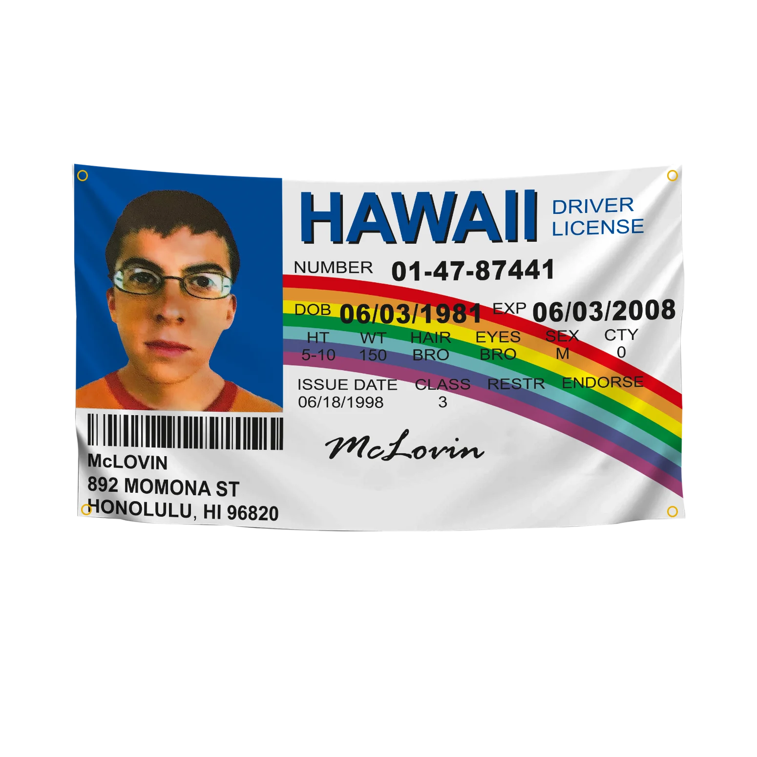 McLovin ID Flag Fake Driver License Wall Flag 3x5Feet with Brass Grommets for Fraternities Man Cave Room Decor College Parties
McLovin ID Flag Fake Driver License Wall Flag 3x5Feet with Brass Grommets for Fraternities Man Cave Room Decor College Parties