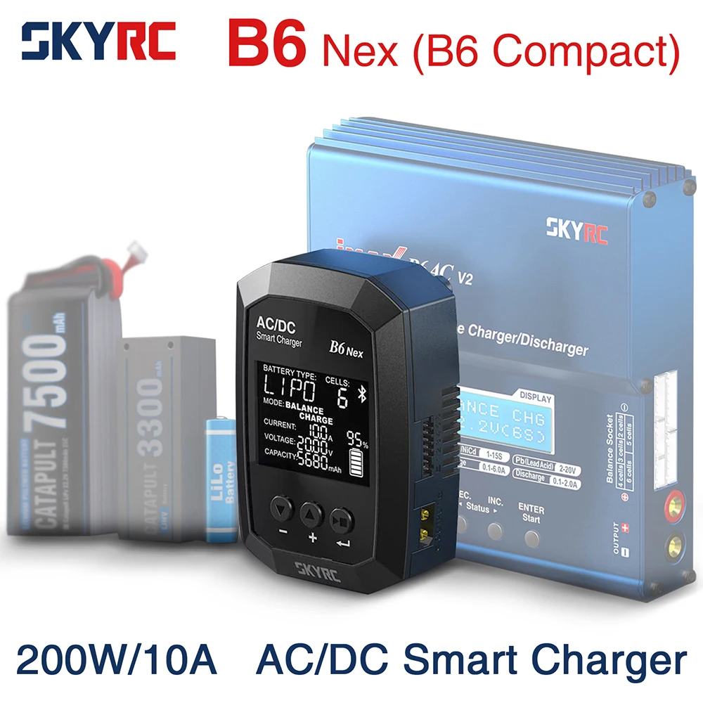 

SKYRC B6 Nex Dual Power AC 50W DC 200W 10A GaN 5.0 Bluetoot APP Battery Charger for LiPo 1-6s Li-Ion LiHV LiFe NiMH Pb SKYRC