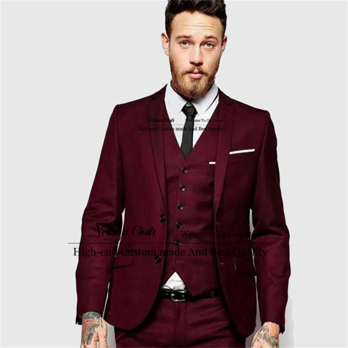 

Formal Burgundy Men Suits Notched Lapel Groom Wedding Tuxedos 3 Pieces Sets Male Prom Blazers Business Slim Fit Costume Homme