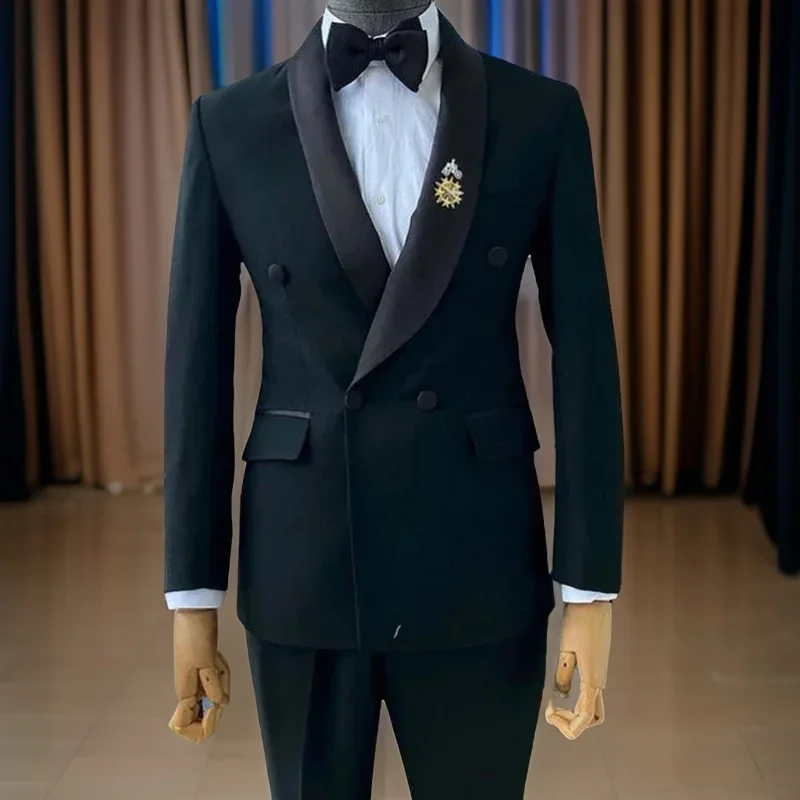 

Мужские черные костюмы в итальянском стиле, двубортный свадебный смокинг, официальный пиджак с брюками, приталенный силуэт, модная одежда для жениха, 2024