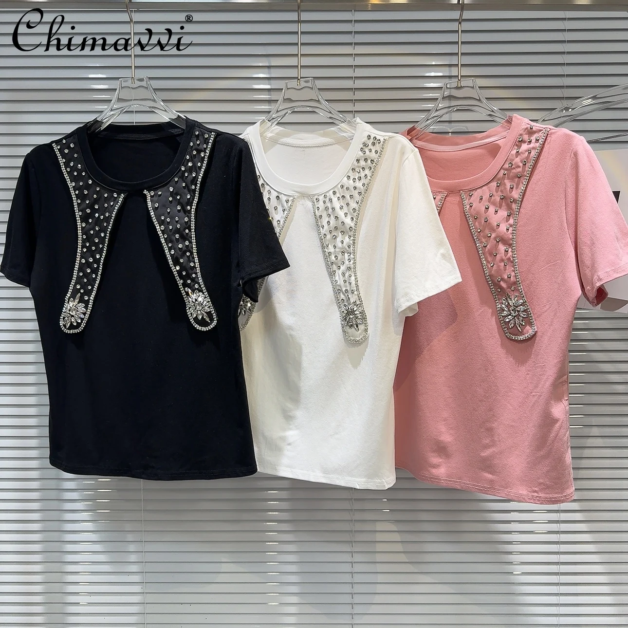 2024 Summer New Fashion Heavy Beaded Pointed Collar Short-Sleeved T-shirt Women's Round Neck Slim Kawaii Elegant Ladies Tops
2024 Summer New Fashion Heavy Beaded Pointed Collar Short-Sleeved T-shirt Women's Round Neck Slim Kawaii Elegant Ladies Tops