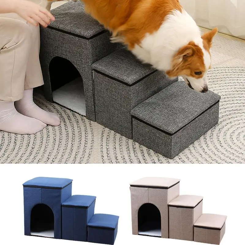 

3-Step Dog Stairs To Bed Portable Ramp Bed Steps High Climbing Non-Slip Balanced Ladder Removable Dogs Bed Stairs Pet Supplies